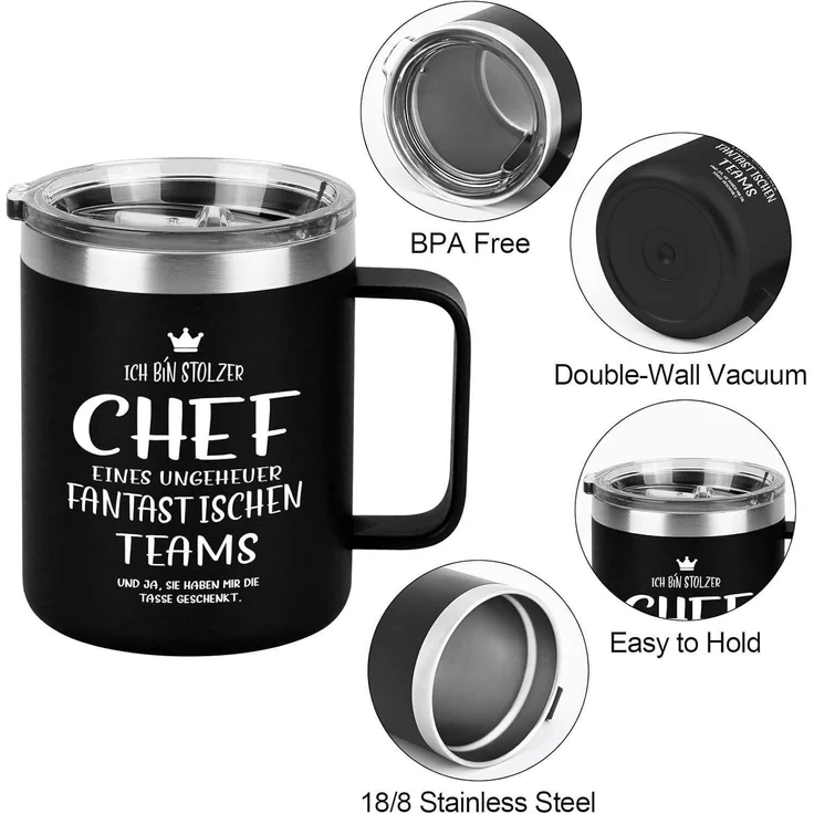 Livole Chef Tasse 350ml Edelstahl Becher Schwarz Kaffeetasse 12oz to go – Bild 5