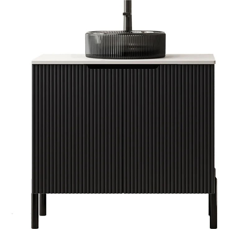 Waschtischunterschrank 76 x 48 x 87 cm mit Glasbecken, Sintersteinplatte und zwei Türen, Schwarz/Weiß – Bild 5