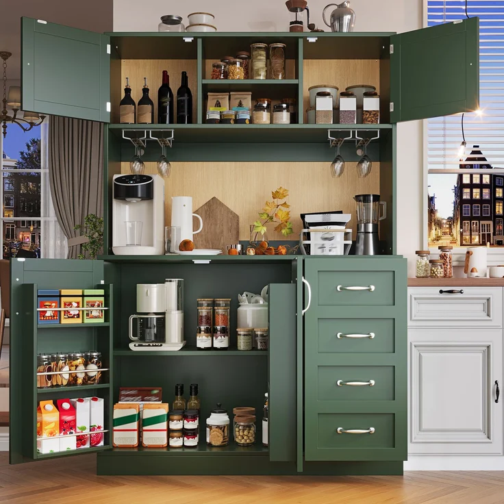 Seitenboard / Aufbewahrungsschrank / Küchenschrank / Buffetschrank, 120x40x188cm, mit LED-Beleuchtung, Snackregal & Getränkehaltern, 4 Türen & 2 große Schubladen, Grün/Schwarz/Weiß--Grün--120x40x188cm--YOUDENOVA – Bild 7