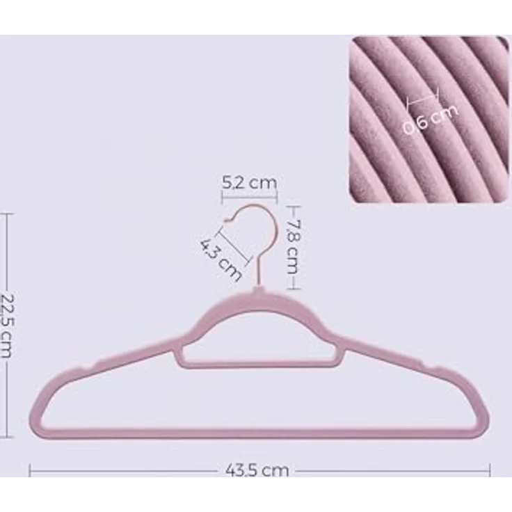 SONGMICS Kleiderbügel Samt, 50er Set, rutschfest, platzsparend | Bügel, 43,5 cm lang, 0,6 cm dick, kleine Stange für Krawatten, 360° drehbarer, Lila + Roségold ,BREANNA Kollektion CRF021GP50 – Bild 5