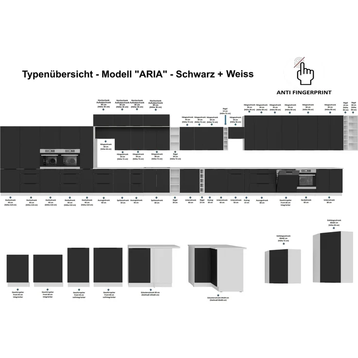 Küchen Hängeschrank 30 cm - Höhe 90 cm ARIA Schwarz ultra matt + Weiss matt, hochwertige Fronten mit Anti Fingerprint Beschichtung Küchenzeile Küchenblock – Bild 5