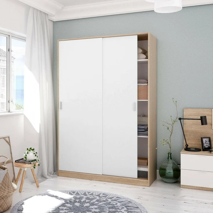 Dmora - Kleiderschrank 2 Türen Waterbury, Schlafzimmerschrank, Schrank mit 4 Regalen und Kleiderstange, 120x50h200 cm, Eiche und Weiß