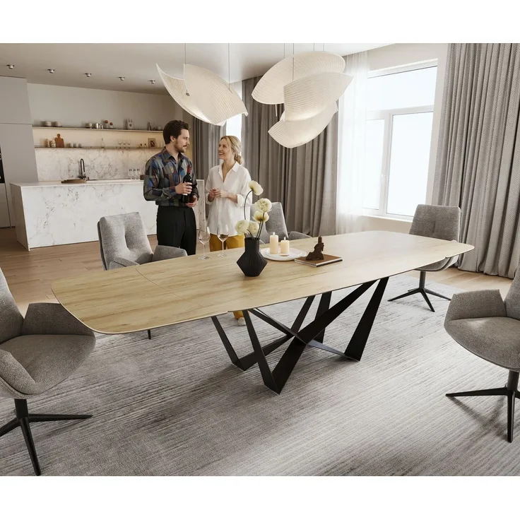 Esstisch Edge Boot 200-300x120 cm Keramik Laminam® Sabbia Eichefarbig Spider Flachstahl Schwarz ausziehbar