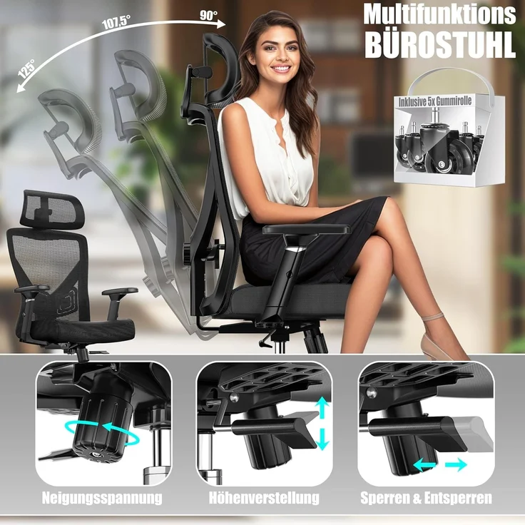 KESSER® Bürostuhl mit verstellbaren Armlehnen | Drehstuhl mit Lendenwirbelstütze Rückenschonend | Schreibtischstuhl ergonomisch mit Kopfstütze | Office Chair Wippfunktion bis 125° mit 5x Gummirollen Schwarz / Silber – Bild 3