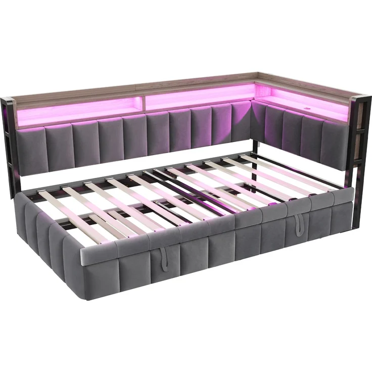 CHICFURN Polsterbett Schlafsofa aus Samt Dunkelgrau 90x200 cm mit Ausziehbett, LED-Beleuchtung und USB- und Type-C-Anschlüssen Grau – Bild 9
