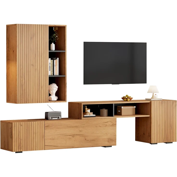 TV Wohnwand-set mit Vitrine (Komplett-Set, 2-St),Mediawand inkl. TV-Board -set und Standregal,TV Wohnzimmermöbel-Set,flexible Länge TV-Schrank bis 265 cm,stehend&hängend,TV bis 120',Holzfarbe+Schwarz--Eiche--100.69x62.23x15.75cm--YOUDENOVA – Bild 9