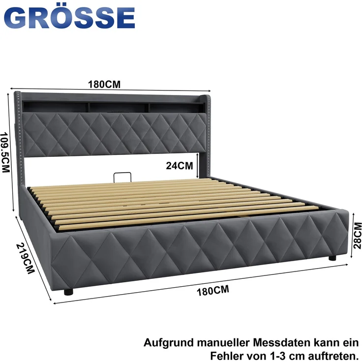 Polsterbett 180x200 cm mit hydraulischem Stauraum, LED und USB-Anschlüssen, Dunkelgrau – Ohne Matratze – Bild 4