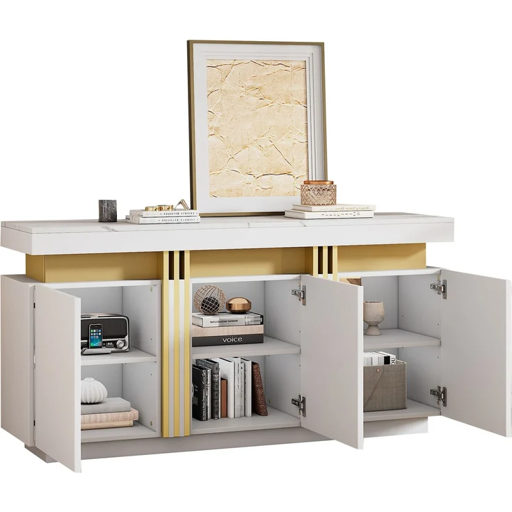 ZUBALIYA Sideboard 140x38x70 cm, mit 3 Türen, aus Spanplatte, Weiß – Bild 6