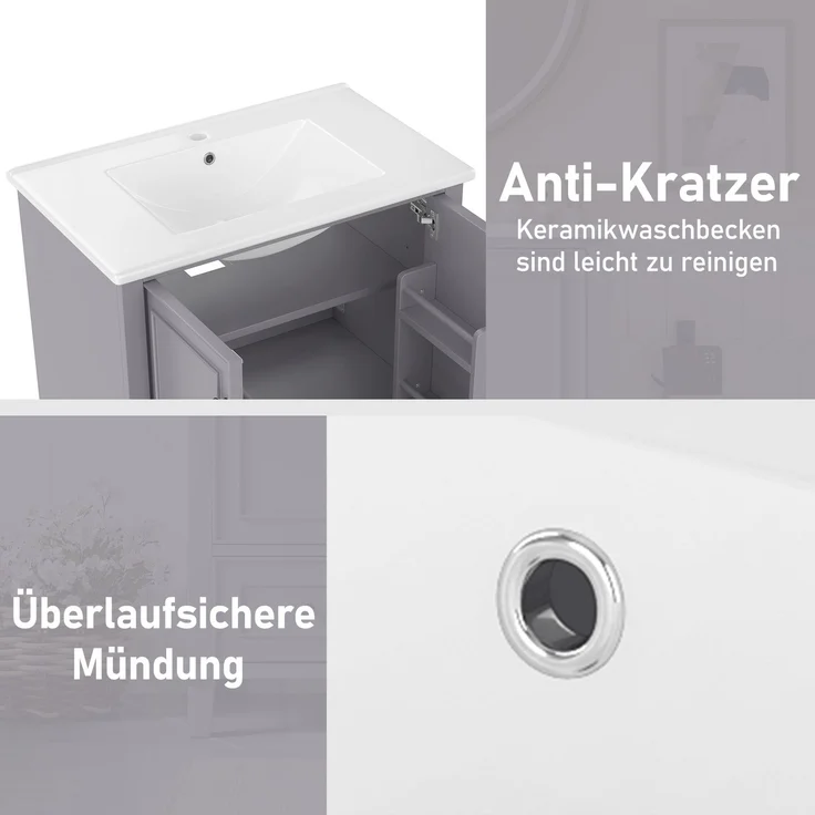 Badezimmerschrank 76 x 46 x 87 cm mit Keramikbecken, viel Stauraum & Massivholzbeinen – Moderner Waschtischschrank,Grau – Bild 8