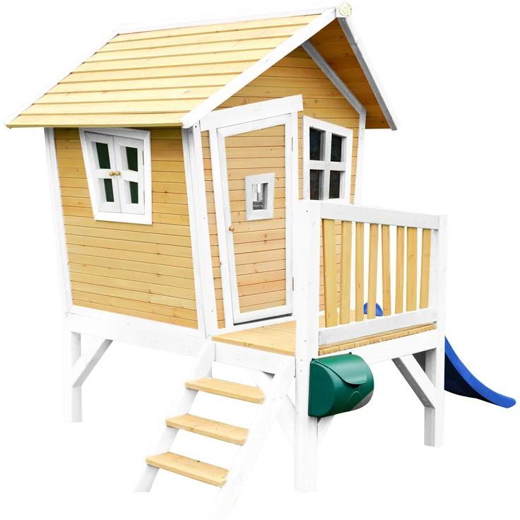 AXI Spielhaus Robin mit blauer Rutsche Stelzenhaus in Braun & Weiß aus FSC Holz für Kinder | Braun, weiß, blau | Holz | 177 cm – Bild 3