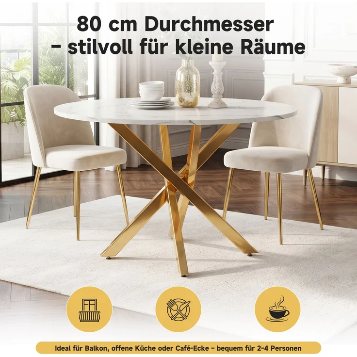 Runder Esstisch Ø 80 cm mit Marmoroptik und goldfarbenem Metallgestell – Bild 6
