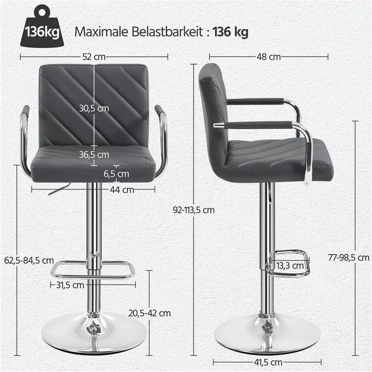 Yaheetech Barhocker 2/4-er Set (4 St), Höhenverstellbarer Barstuhl mit Armlehnen, Sitzhöhe 62,5 cm – 84,5 cm – Bild 3