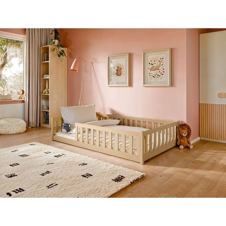 Kids Collective Kinderbett Bodenbett 120x200 cm mit Rausfallschutz & Lattenrost Montessori Bett Bed Gitterbett Kinder Jugendbett Einzelbett | Natur – Bild 3