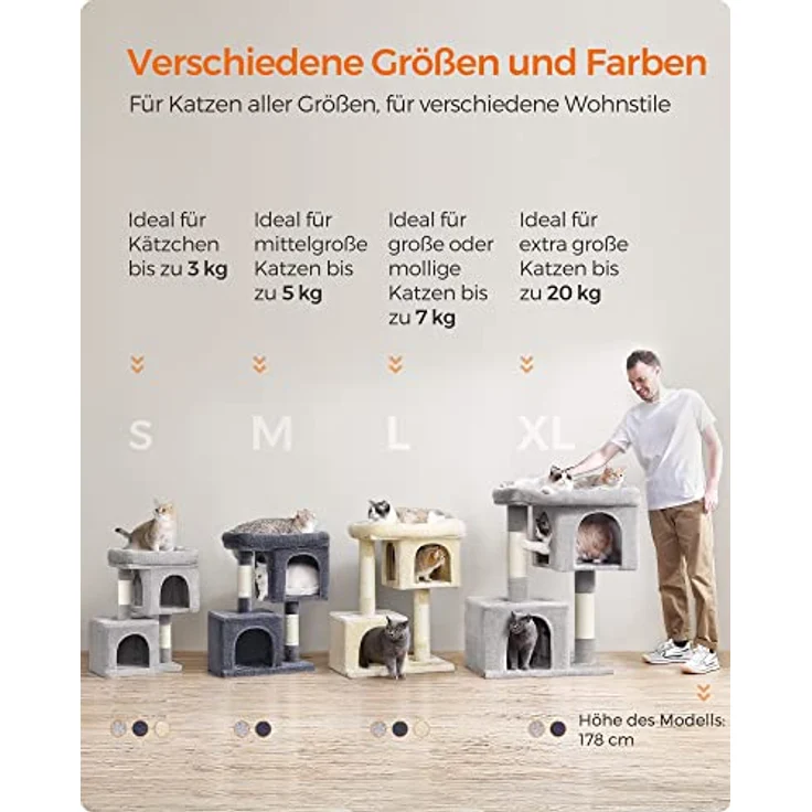 Feandrea Kratzbaum, 101 cm Katzenbaum, XL, Katzenhaus für extra große Katzen bis zu 20 kg, große Plattform, 2 Katzenhöhlen, Sisalstämme, rauchgrau PCT614G01 – Bild 8