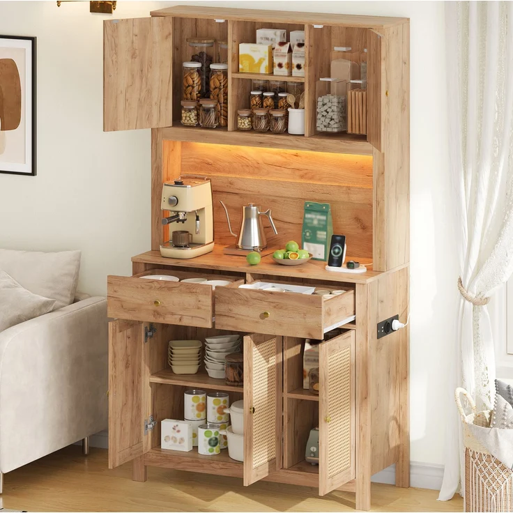 Küchenschrank 100 x 40 x 180 cm mit RGB-LED-Beleuchtung und Rattantüren – Bild 2