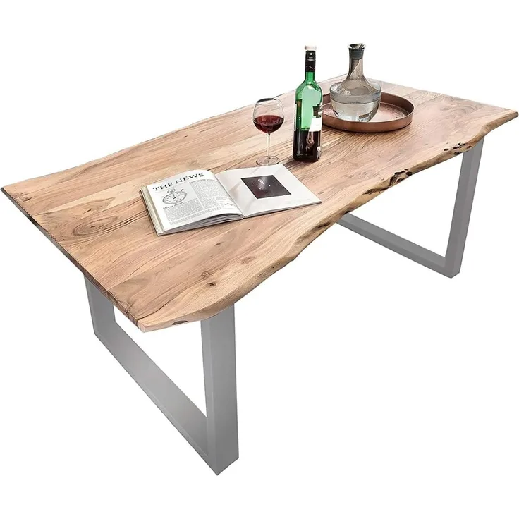 SAM Baumkantentisch 140x80 cm Quarto, Akazienholz massiv + naturfarben lackiert, Esstisch mit Silber lackiertem U-Gestell, Esszimmertisch/Holztisch im Industrial-Design, Tischplatte 26 mm