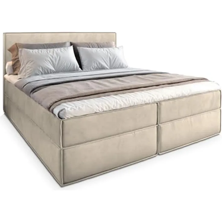 Masseno Boxspringbett PELLIO 180x200 cm, Komplett-Set mit Bonell Matratze, Topper und Bettkästen, cremefarben
