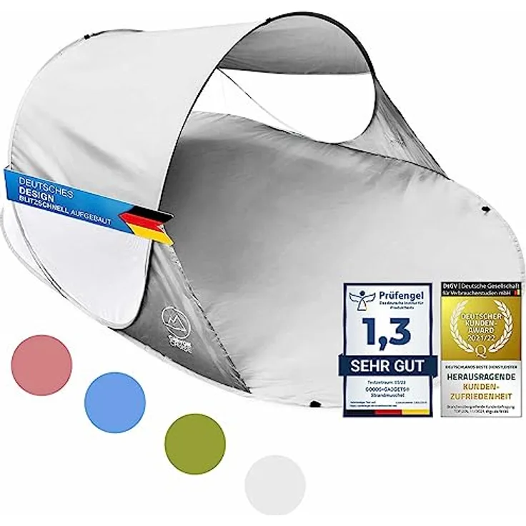 GOODS+GADGETS Canyon Cruise® Strandmuschel Pop Up Strand-Zelt Windschutz am Strand Wurfzelt Blitzschnell Selbstaufbauendes Sonnensegel Outdoor Zelt Automatik Muschel mit UV-Sonnenschutz, Canyon Cruise Style, 200 x 120 x 85 cm, blau
