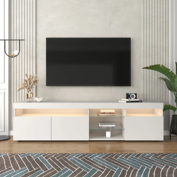 TV-Schrank 180 cm mit LED-Beleuchtung, Lowboard Sideboard Medienmöbel in Weiß Hochglanz mit Glaslaminat – Bild 2