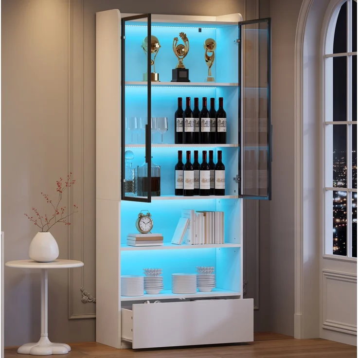Vitrine 80 x 34 x 180 cm in Weiß mit Glastür, Schublade und LED-Beleuchtung – Bild 3