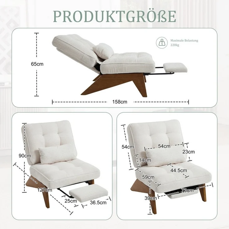 LVHOM Relaxsessel verstellbarer Loungesessel mit Fußstütze & Lendenkissen, Holzrahmen (Atmungsaktive Cord-Stoff, verstellbare Rückenlehne, integrierte ausziehbare Fußstütze, Seitentaschen. Inklusive farbig abgestimmtem abnehmbarem Lendenkissen, bis 220... – Bild 2