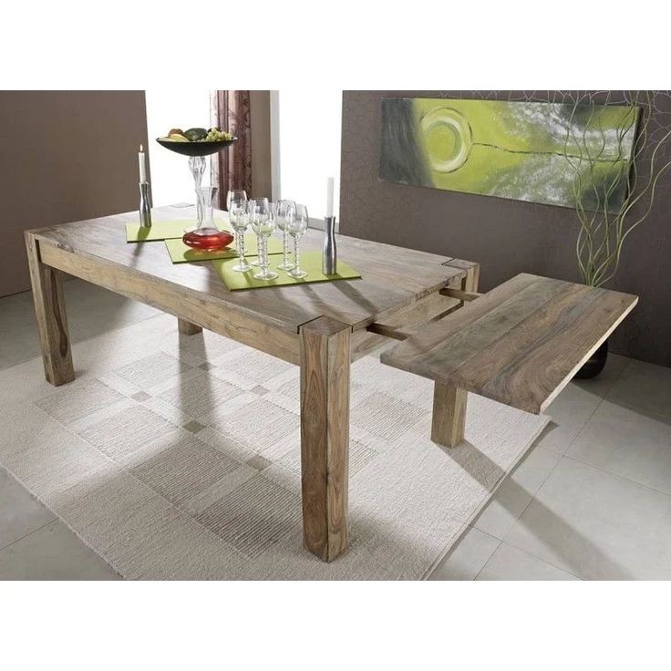 Esstisch mit Ansteckplatten Sheesham 140-180/220 x 90 x 76 grau geölt NATURE GREY #303 – Bild 3
