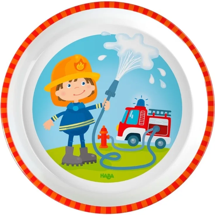 HABA Kinderteller Feuerwehr – Praktischer Melamin-Teller mit Bär-Motiv – Rutschfest – Spülmaschinengeeignet – Ab 12 Monaten – 1303692001