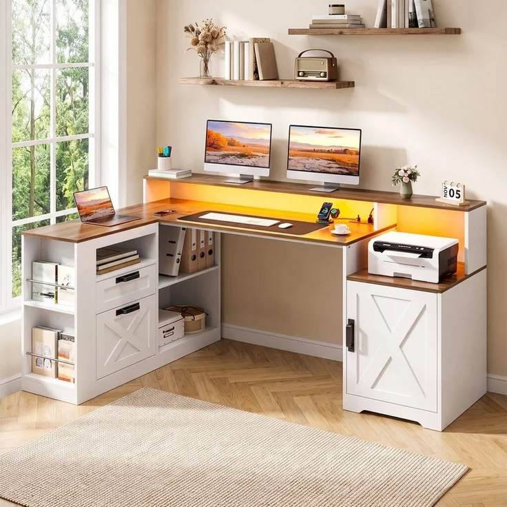 Rutaqian Schreibtischstuhl Eckcomputertisch mit Steckdosen, 2 Schubladen und Ablagefach, Büroschreibtisch im Landhausstil mit Monitorständer, Druckerregal – Bild 3