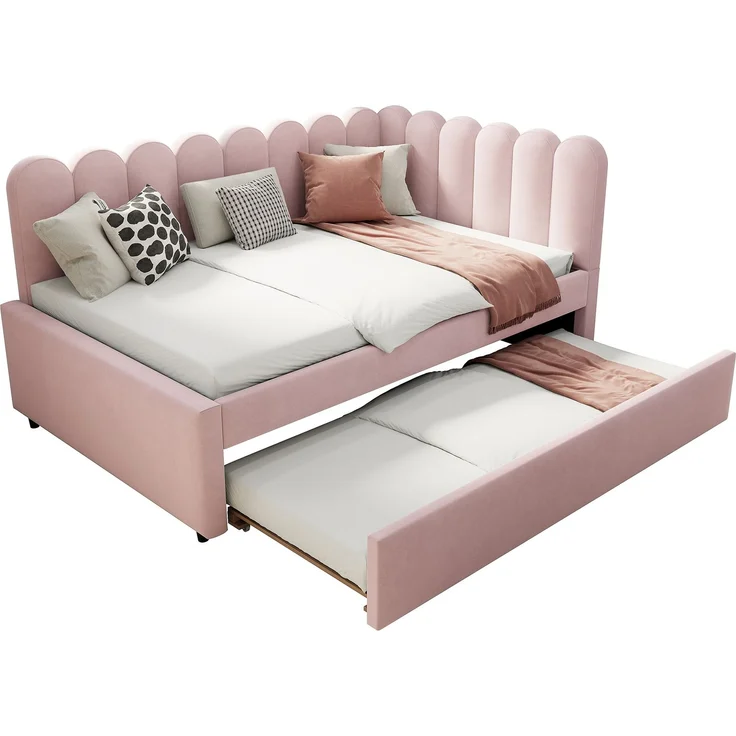 Merax Daybett Polsterbett 140x200cm mit Ausziehbett, Schlafsofa Tagesbett mit Austauschbarer Armlehne, Jugendbett Kinderbett mit Lattenrost, Samt, Rosa – Bild 10
