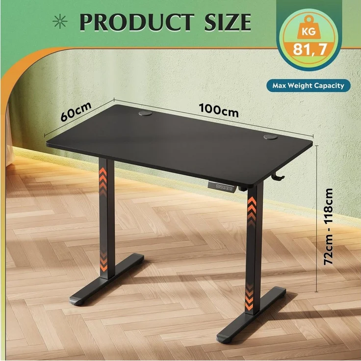 DEVAISE Schreibtisch Höhenverstellbarer Schreibtisch elektrisch 100×60 cm (Höhenverstellung 72–118 cm, Memory-Funktion für 3 Höhen, leise <50 dB, Durchgehende Tischplatte), Höhenverstellbarer Schreibtisch mit durchgehender Tischplatte – Bild 3
