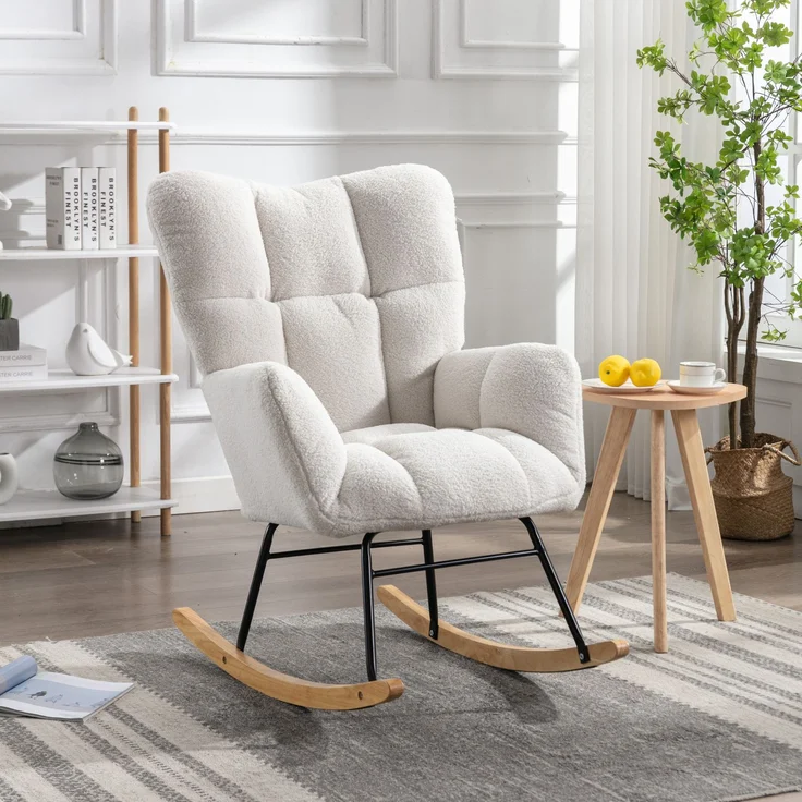 Teddy Weiß Schaukelstuhl mit Holzrahmen und Metallbasis, ergonomisch gepolstert, leises Design für Wohnzimmer & Schlafzimmer – Bild 1
