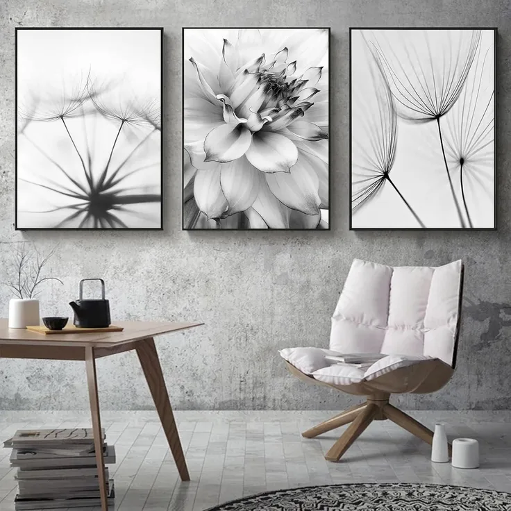 Poster Set 3teilig Blume Löwenzahn Feder Schwarz Weiß B 30x40cm