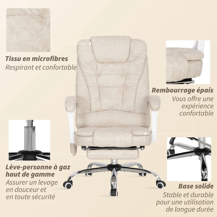 Massage- und Heiz-Bürosessel, Bürostuhl, höhenverstellbar, neigbare Rückenlehne, 65 x 70 x 111–119 cm, cremefarben – Bild 10