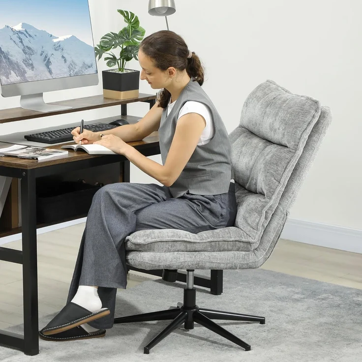 HOMCOM Bürostuhl mit breiterem doppelschichtigem Polster, Wippfunktion (gepolsterter Schreibtischstuhl ohne Armlehnen, 1 St), für Home Office Büro, Grau – Bild 9