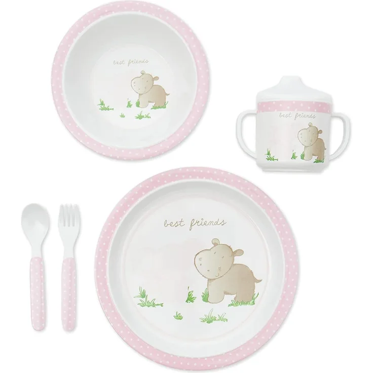 Bieco Baby Geschirrset mit Tiermotiv 5-teiliges Baby Geschirr Kindergeschirr aus Melamin Geschirr Baby für Kleinkinder Baby Essen Set Babygeschirr Set rosa