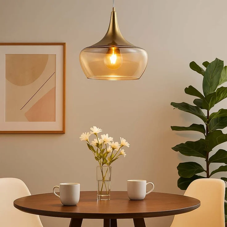 LED Hängeleuchte, messing antik, Glas amberfarben, H 150 cm – Bild 2