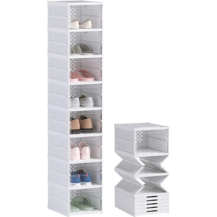 8-stufiges Schuhregal, Schuhschrank, faltbar, belüftete Rückseite, Kunststoff, Weiß--Weiß--140x26x35cm--YOUDENOVA