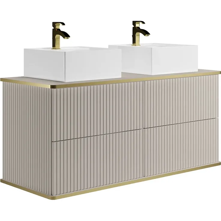 Vente-unique - Waschbeckenunterschrank hängend, gerillt mit goldenem Zierstreifen und doppeltem quadratischen Aufsatzwaschbecken – Beige – 120 cm – KELIZA