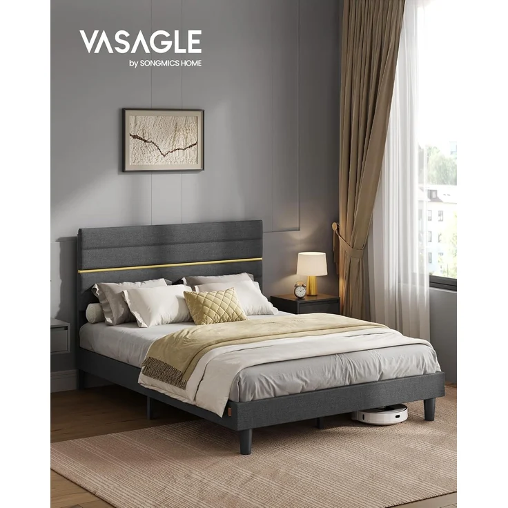 VASAGLE Doppelbettgestell, Bettgestell, passend für 140 x 200 cm Matratze, verstellbares gepolstertes Kopfteil, Bettrahmen, Metall, Massivholz – Bild 3