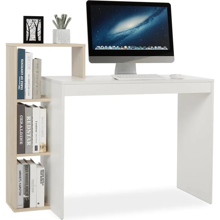 Mondeer Kleiner Schreibtisch, Moderner Computertisch mit 3-stöckiges Regal, Platzsparend, 110 x 40 x 92 cm, Geeignet für Heimbüro Arbeitszimmer Kleiner Platz, Weiß und Eichefarben