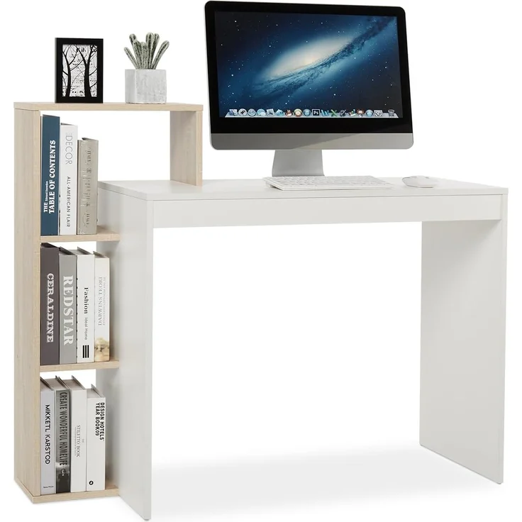 Mondeer Kleiner Schreibtisch, Moderner Computertisch mit 3-stöckiges Regal, Platzsparend, 110 x 40 x 92 cm, Geeignet für Heimbüro Arbeitszimmer Kleiner Platz, Weiß und Eichefarben