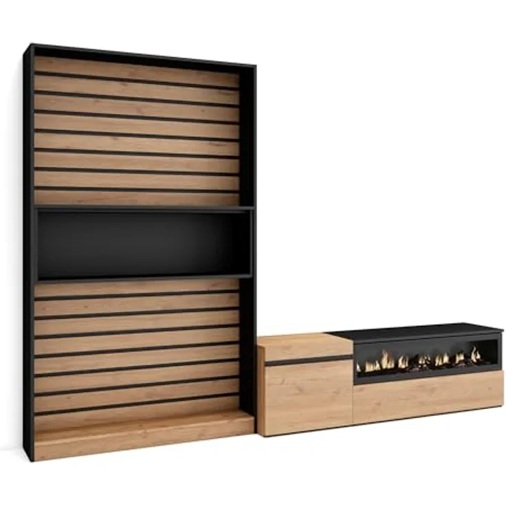 Skraut Home | Wohnwand Wohnzimmer | Wohnzimmermöbel, Möbelset | 260x186x35cm | Für TV-Geräte bis zu 65" | Elektrokamin. | Moderner Stil | Eiche Schwarz