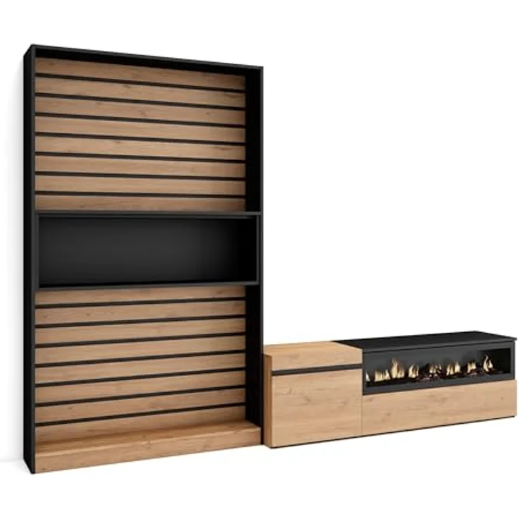 Skraut Home | Wohnwand Wohnzimmer | Wohnzimmermöbel, Möbelset | 260x186x35cm | Für TV-Geräte bis zu 65" | Elektrokamin. | Moderner Stil | Eiche Schwarz – Bild 1