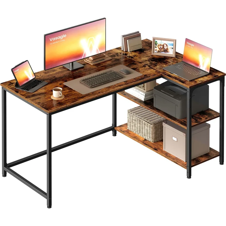 VASAGLE Eckschreibtisch in L-Form, Computertisch mit Stauraum, Bürotisch, höhenverstellbare Ablage, für Homeoffice, 120x80 cm, vintagebraun LWD136KD01 – Bild 1