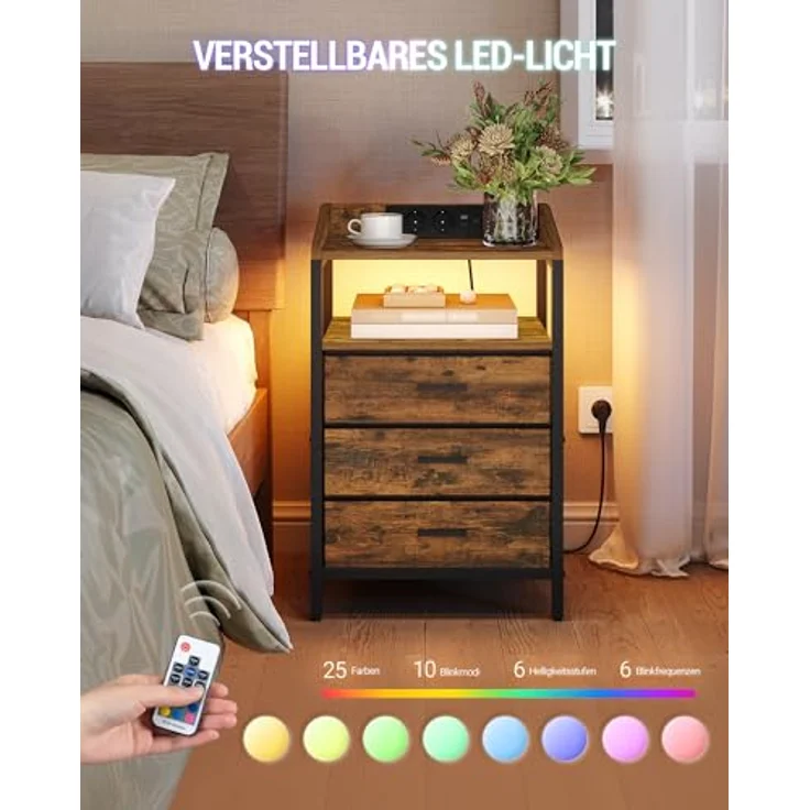 Nachttisch mit LED-Leuchten und ladefunktion, Beistelltisch mit 3 Stoff-Schubladen mit USB-Anschlüssen & Steckdosen, für Schlafzimmer, Wohnzimmer, Schwarz – Bild 5