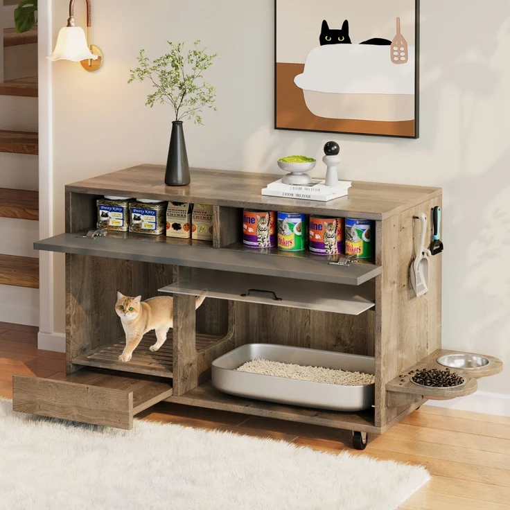 Bewegbarer Katzenkloschrank (Katzentoilettenschrank) – mit Katzenfuttertellern, Sandauffangschale, Lochplatte mit Hakenlöchern, ohne Katzenklo, 100×45,5×67 cm (antikgrau-braune Farbe, Eichenholzfarbe) – Bild 2