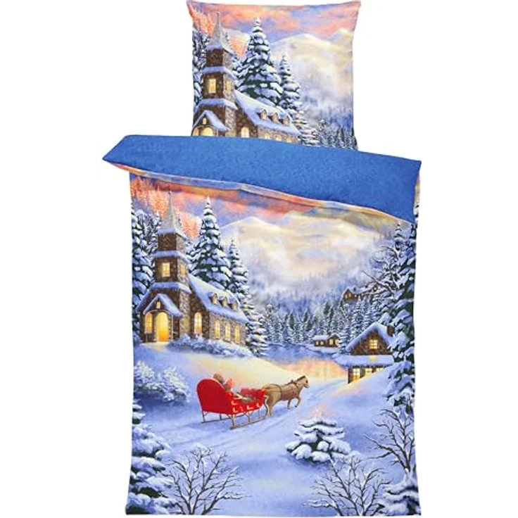 One Home Bettwäsche Winter Thermofleece, Fleece, 4 teilig, Weihnachten Winterlandschaft, kuschelig flauschig warm weich Modern – Bild 3