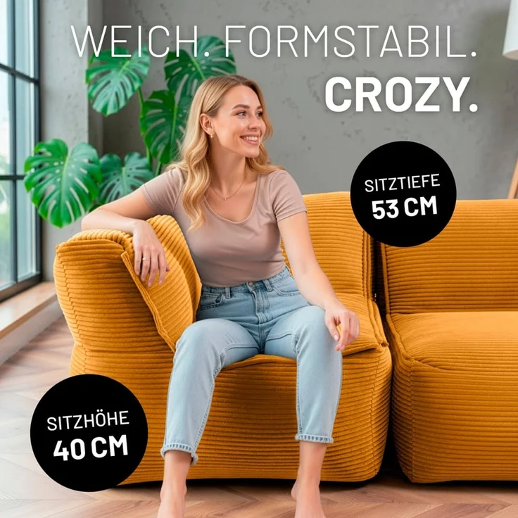 Lumaland Sitzsack-Sofa, Polyester, Eckteil, Cord - Senfgelb, 70 x 81 x 81 cm – Bild 5