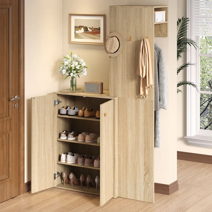 Moderne Flurgarderobe mit Stauraum,Garderobenset, Kompaktgarderobe,Schuhschrank,Flurgarderobe,mit Kleiderhaken,Kleiderstange, für den Flur--Natürlich--115x38.5x191.5cm--YOUDENOVA – Bild 10