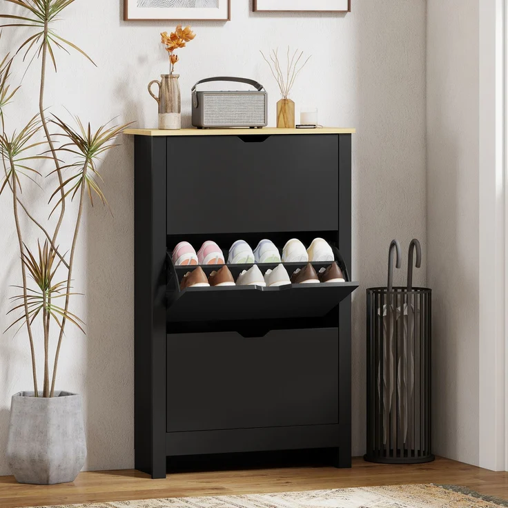 Schuhschrank mit 3 Klapptüren, 2 Fächern, Spanplatten, schwarz-Eiche – Bild 9